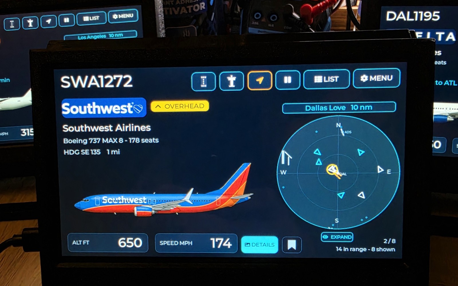 Current WingsAbove home card showing Southwest flight SWA1272 overhead in Southwest livery beside live nearby radar traffic